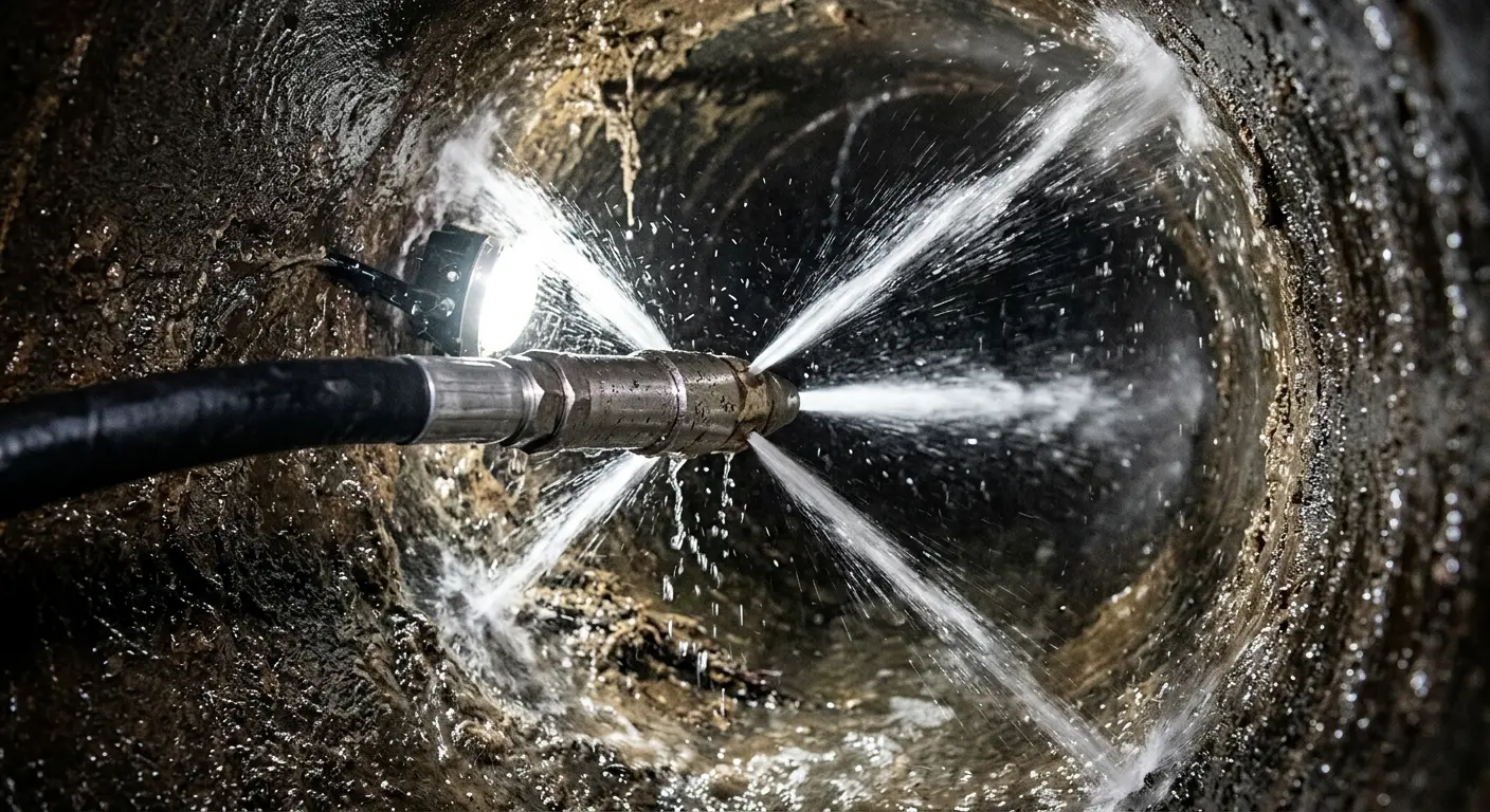 High-pressure hydro jetting nozzle cleaning sewer pipe for Emergency Drain Service in Tracyton