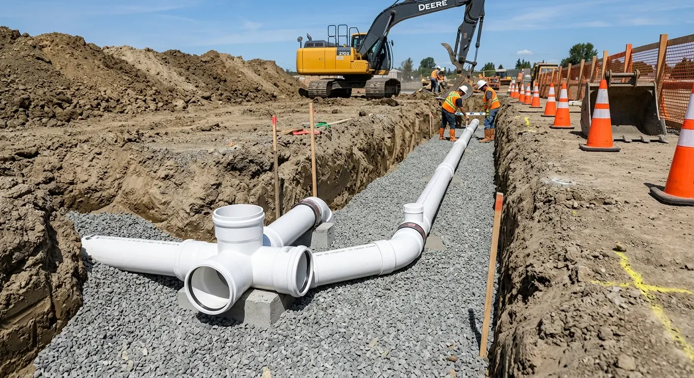 New PVC sewer pipe installation in open trench for Commercial Drain Cleaning in Tracyton