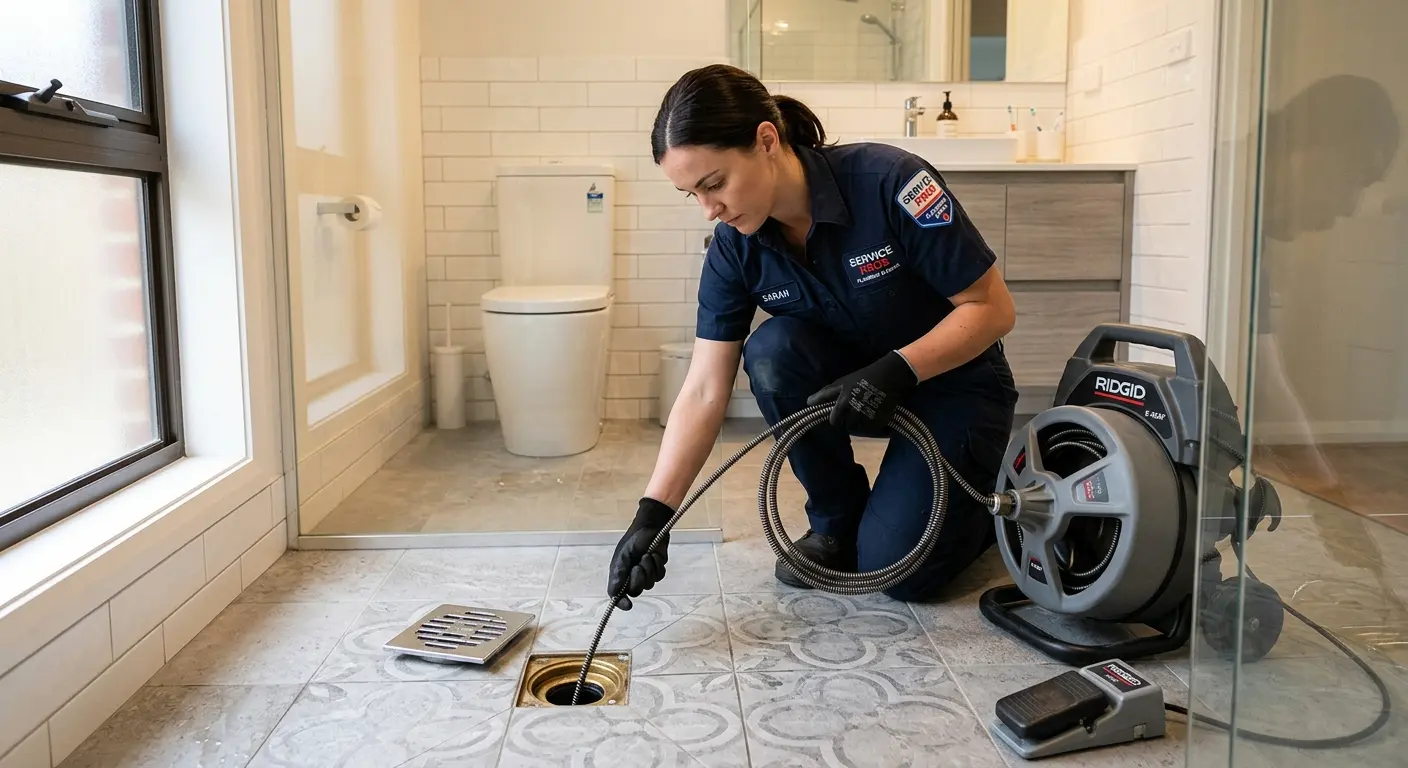 Technician clearing a bathroom floor drain for Sewer Line Replacement in Tracyton